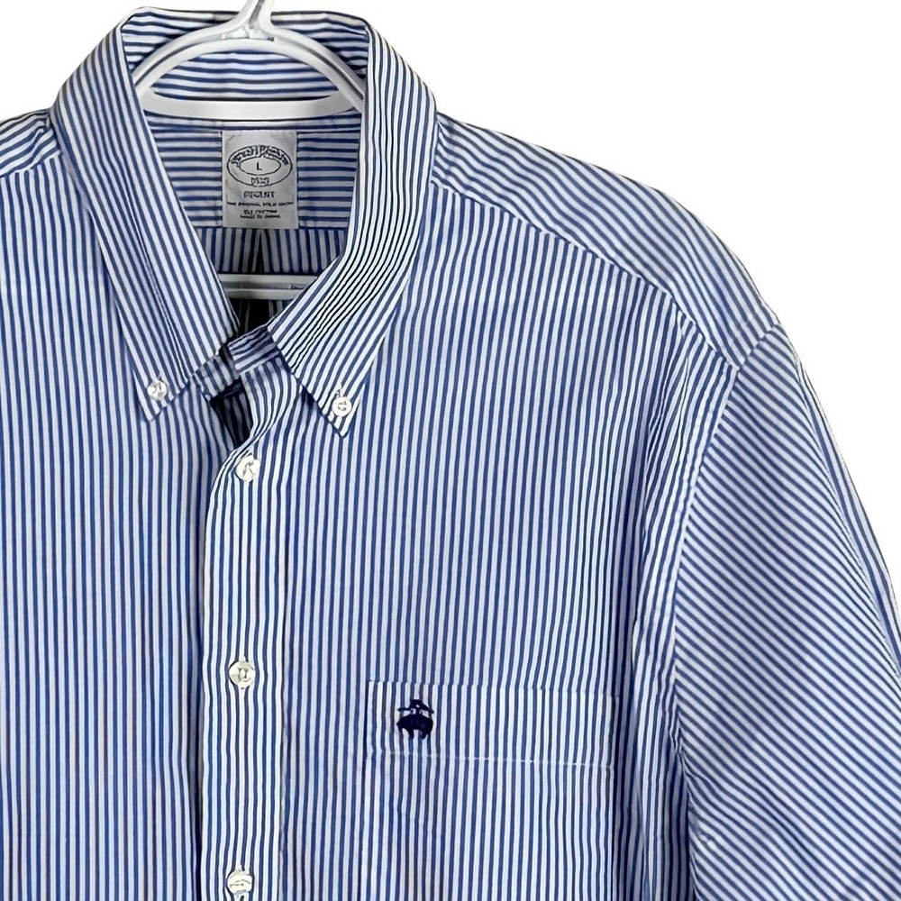 Brooks Brothers Regent Shirt Button Down Mens L Blue Striped Short Sleeve